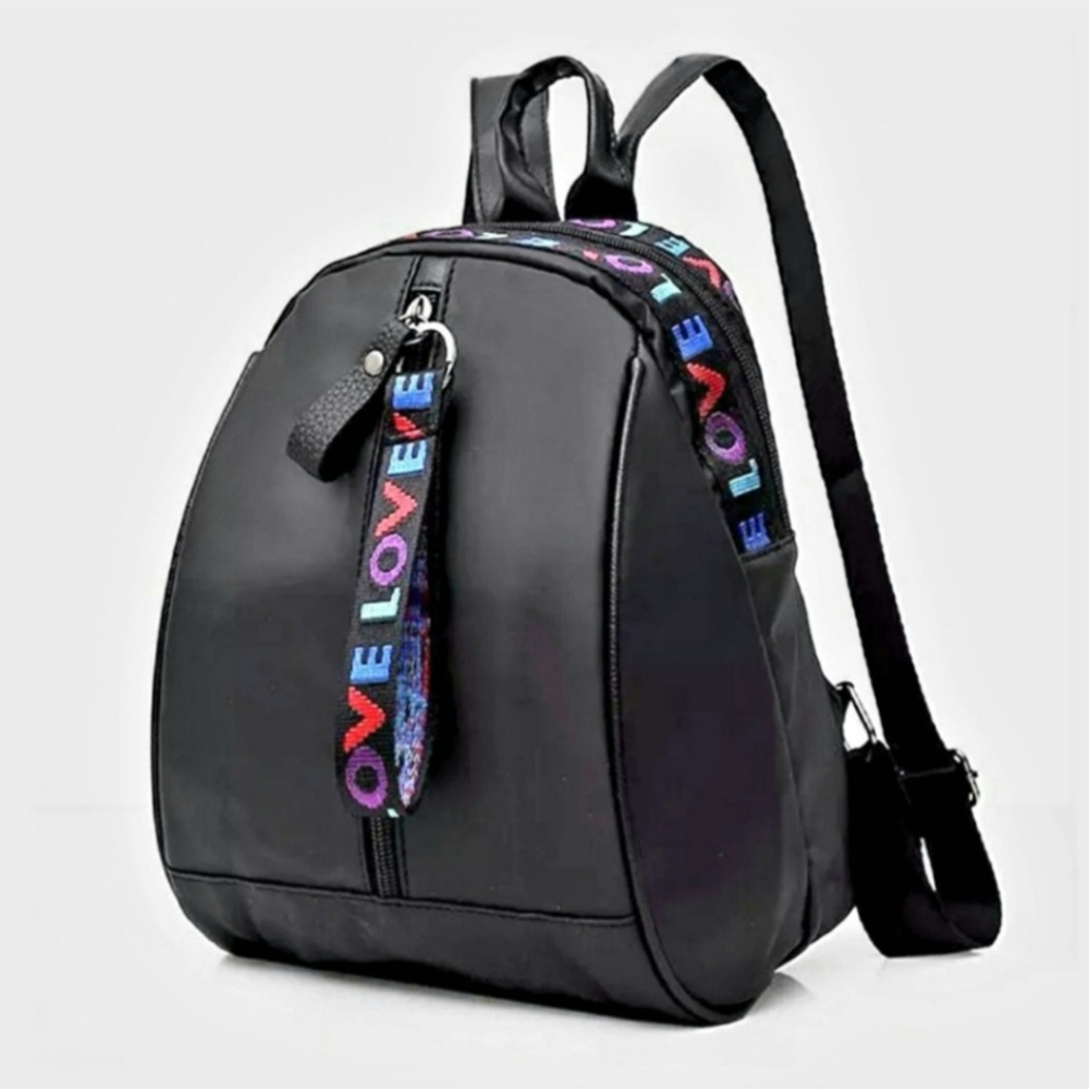 Black Mini Nylon Backpack LOVE Embroidered On Top and Side Zippers